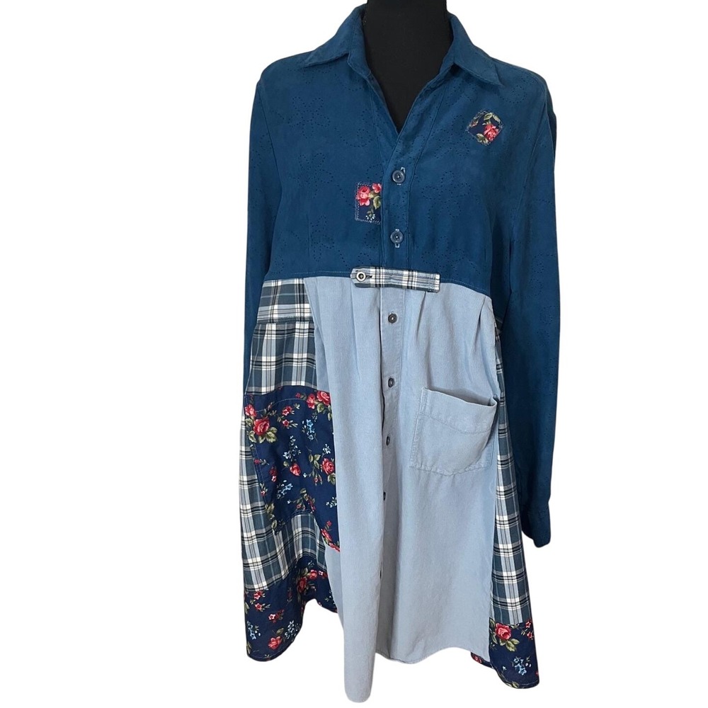 Patchwork Shirt/Dress Floral Plaid Corduroy Upcycled Lagenlook UniqueOversized